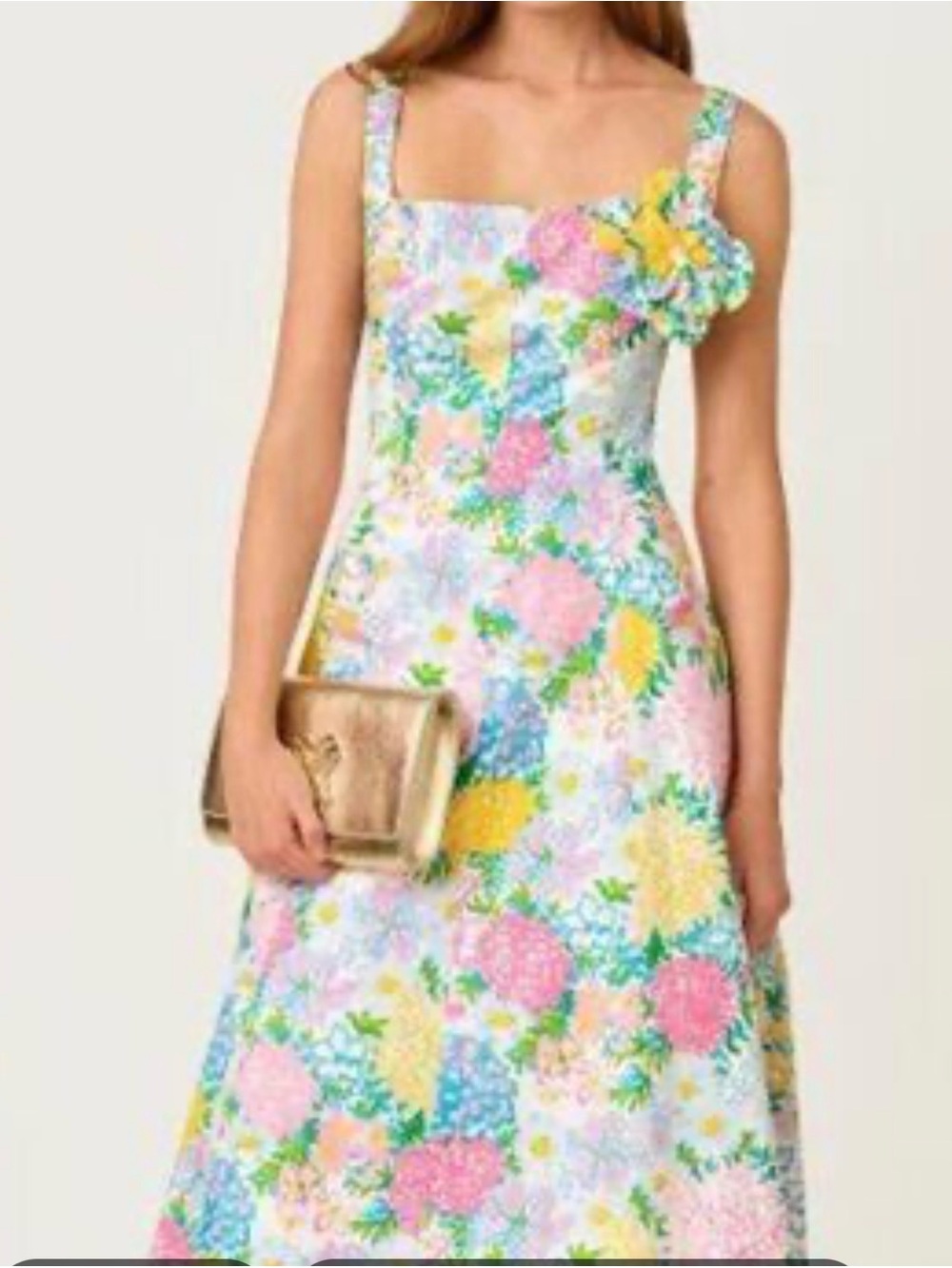 Lilly Pulitzer Nelly stretch Floral Midi Dress in Pink, Yellow, Blue & Green,